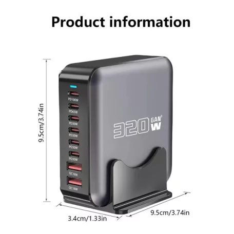 BLACKBIRD Hálózati Töltő GAN 320W 1xUSB-C PD100W + 1xUSB-C PD65W + 4xUSB-C PD30W + 2xUSB QC18W, Fekete