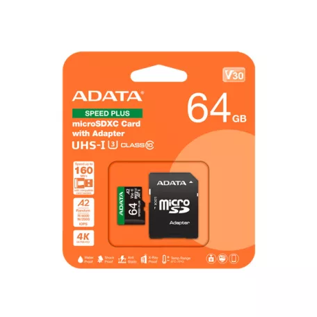 ADATA Memóriakártya MicroSDXC 64GB + Adapter SPEED PLUS UHS-I U3 (160/140)