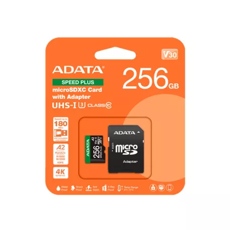 ADATA Memóriakártya MicroSDXC 256GB + Adapter SPEED PLUS UHS-I U3 (180/160)