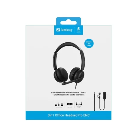 SANDBERG 3 in 1 Headset mikrofonnal, 3,5 mm minijack, USB-A és USB-C csatlakozó, hang szabályozás némítás, 5 év garancia