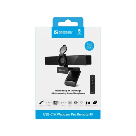 SANDBERG Webcam Pro Remote 4K, dual noise reduction, USB-A / USB-C, auto focus, auto light adjust, 5 év garancia