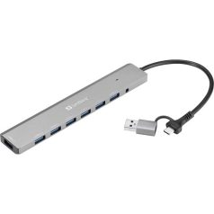   SANDBERG USB-C/A to 7 x USB 3.0 HUB, akár 7 USB-A satlakozási lehetőség, USB 3.0 SuperSpeed 5 Gbit/sec, 5 év garancia