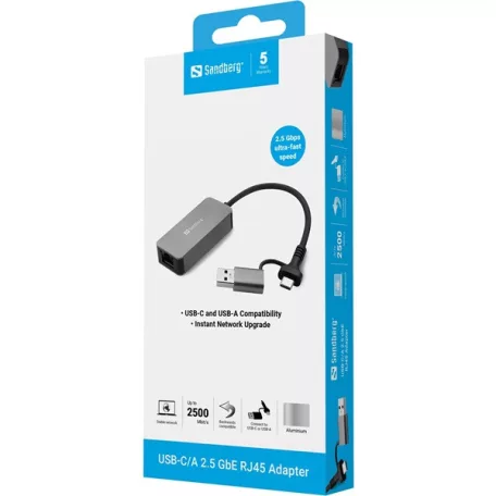 SANDBERG USB-C/A 2.5 GbE RJ45 adapter,  USB-C and USB-A Compatibility,  Ultra-Fast 2.5 Gbps Speeds, 5 év garancia