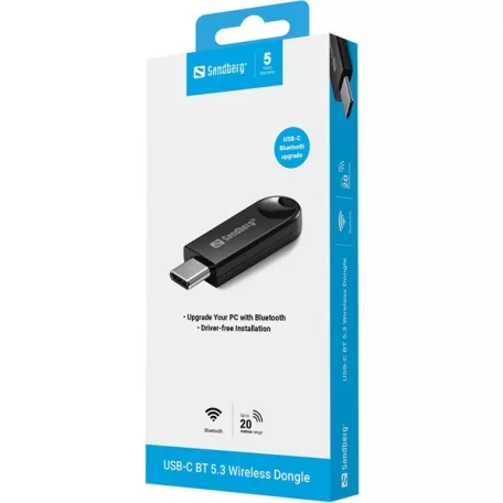 SANDBERG USB-C BT 5.3 Wireless dongle, Upgrade your PC with Bluetooth, Driver-free installation, 20m, 5 év garancia