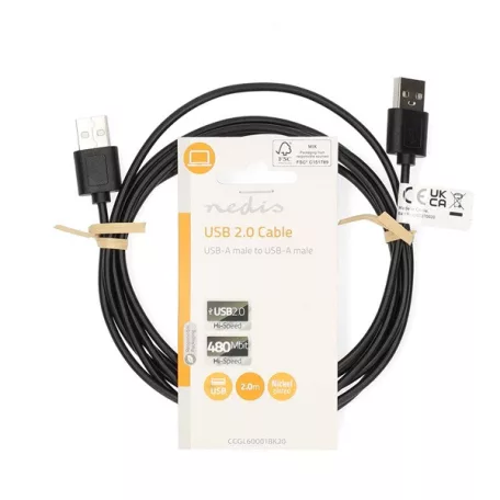 Nedis CCGL60001BK20 USB A apa - USB-A apa kábel, USB2.0, hossz: 2m