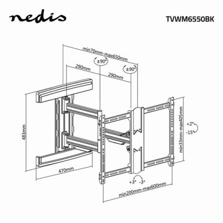 Nedis TVWM6550BK 37"- 80" LCD TV / monitor fali tartókonzol, maximum 50 kg, forgatható / dönthető, 3 forgáspont