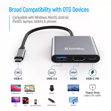 COLORWAY USB hub (dokkolóállomás) ColorWay USB-C 3 az 1-ben Type C PD 100W/USB3.0/HDMI 4K (CW-HUB08)