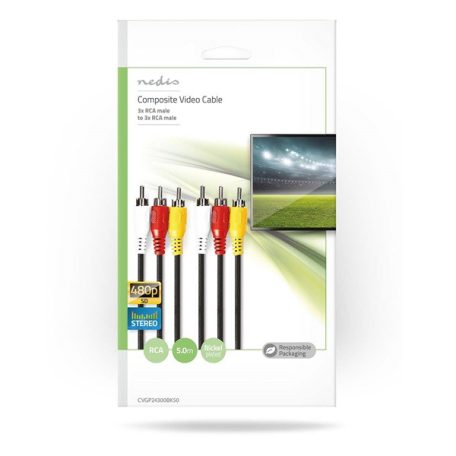 Nedis CVGP24300BK50 kompozit video kábel 3x RCA dugó - 3 RCA dugó, 5m