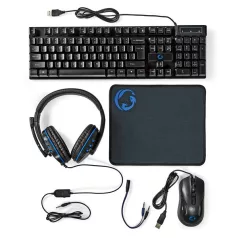   Nedis GCK51110BKUS gamer 5 az 1-ben készlet, Angol Billentyűzet, Headset, Egér, Egérpad és adapter kábel, QWERTY