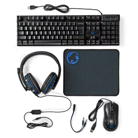 Nedis GCK51110BKUS gamer 5 az 1-ben készlet, Angol Billentyűzet, Headset, Egér, Egérpad és adapter kábel, QWERTY