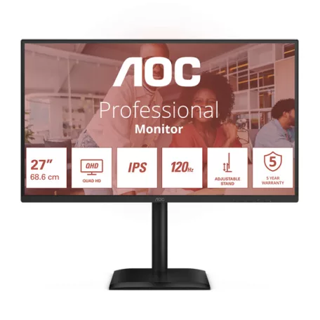 AOC IPS monitor 27" Q27E4U 2560x1440, 16:9, 350cd/m2, 4ms, HDMI/DisplayPort/4xUSB, hangszóró, 120 Hz, áll.mag., pivot