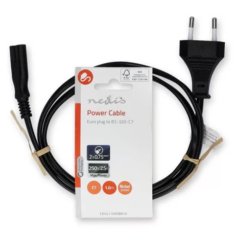 Nedis CEGL11040BK10 tápkábel IEC-320-C7, 2 x 0.75 mm, hossz 1m