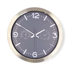   Nedis CLWA5226SS falióra, 30 cm átmérő,  rozsdamentes acél, csendes szerkezet: óra, hőmérő, páratartamom mérő