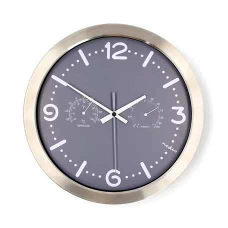 Nedis CLWA5226SS falióra, 30 cm átmérő,  rozsdamentes acél, csendes szerkezet: óra, hőmérő, páratartamom mérő