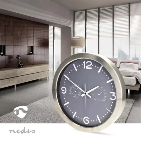Nedis CLWA5226SS falióra, 30 cm átmérő,  rozsdamentes acél, csendes szerkezet: óra, hőmérő, páratartamom mérő