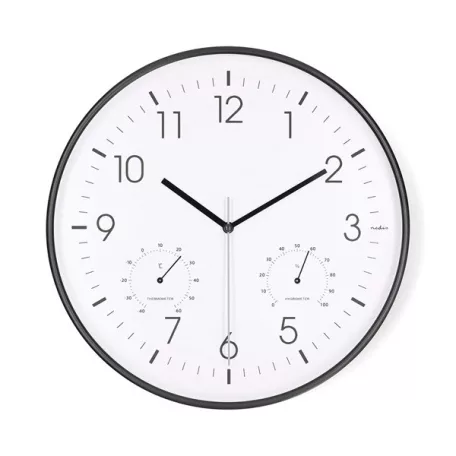 Nedis CLWA4226BK falióra, 30 cm átmérő,  műanyag, csendes szerkezet: óra, hőmérő, páratartamom mérő