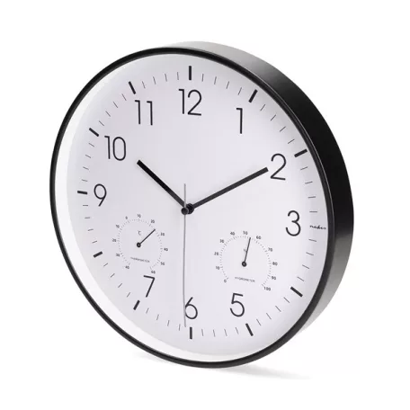 Nedis CLWA4226BK falióra, 30 cm átmérő,  műanyag, csendes szerkezet: óra, hőmérő, páratartamom mérő