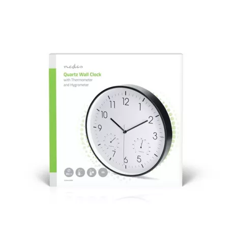 Nedis CLWA4226BK falióra, 30 cm átmérő,  műanyag, csendes szerkezet: óra, hőmérő, páratartamom mérő