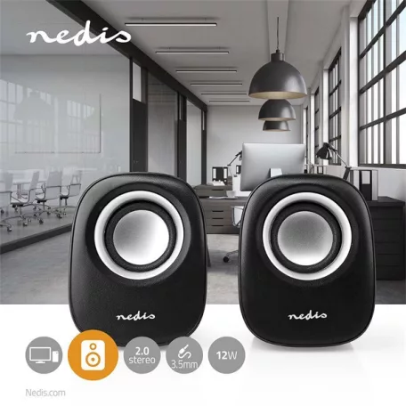 Nedis CSPR10020BK PC hangszóró 2.0, 12 W, 3,5mm sztereo jack, USB-ről táplált, hangerőszabályzó