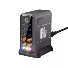 BLACKBIRD Töltőállomás GAN 660W 6xUSB-C + 4xUSB, Fekete