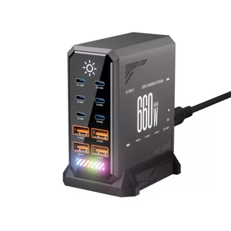 BLACKBIRD Töltőállomás GAN 660W 6xUSB-C + 4xUSB, Fekete