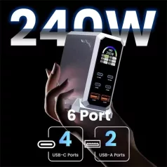 BLACKBIRD Töltőállomás GAN 240W 4xUSB-C + 2xUSB, Fekete