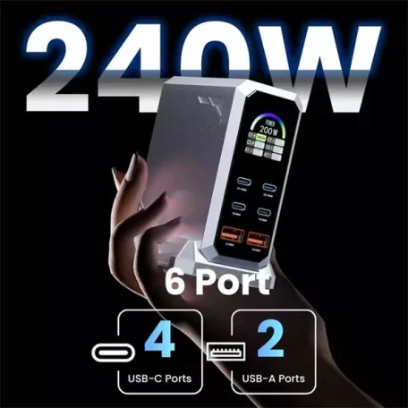 BLACKBIRD Töltőállomás GAN 240W 4xUSB-C + 2xUSB, Fekete