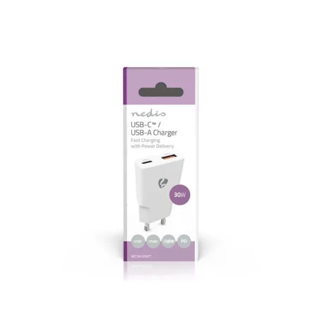 Nedis WCHA30WT gyorstöltő USB-A / USB-C töltő, GaN, PD3.0, QC, Gyorstöltési funkció 1,5 / 2,0 / 2,5 / 3,0 A, 30W, fehér