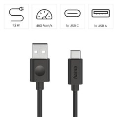   HAMA 86447, ADATKÁBEL USB 2.0 USB-A/TYPE-C  (60W) 1,2M, FEKETE