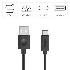   HAMA 86447, ADATKÁBEL USB 2.0 USB-A/TYPE-C  (60W) 1,2M, FEKETE