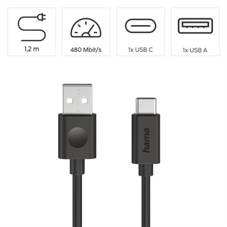 HAMA 86447, ADATKÁBEL USB 2.0 USB-A/TYPE-C  (60W) 1,2M, FEKETE