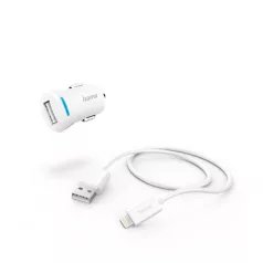   HAMA 201610, FIC E3 AUTÓS TÖLTŐ SZETT (2,4A) LIGHTNING - USB ADATKÁBELLEL, FEHÉR