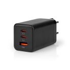 Nedis WCGPD65W100BK PD töltő / tápegység 65W, 5A, GaN, QC, automatikus feszültségválasztás, USB-A / 2x USB-C