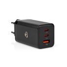 Nedis WCGPD65W100BK PD töltő / tápegység 65W, 5A, GaN, QC, automatikus feszültségválasztás, USB-A / 2x USB-C