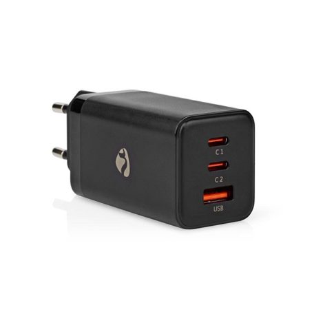 Nedis WCGPD65W100BK PD töltő / tápegység 65W, 5A, GaN, QC, automatikus feszültségválasztás, USB-A / 2x USB-C