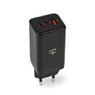 Nedis WCGPD65W100BK PD töltő / tápegység 65W, 5A, GaN, QC, automatikus feszültségválasztás, USB-A / 2x USB-C