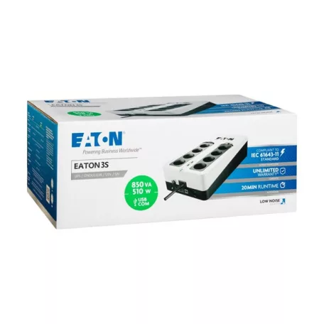 EATON UPS 3S Gen2 UPS DIN, 850VA, 510W, Input: Schuko, Outputs: 8x Schuko, szünetmentes tápegység, USB