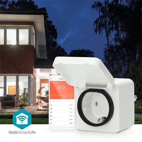 Nedis WIFIPO130FWT kültéri okos konnektor, Wi-Fi, IP44, fogyasztás mérő, 3680 W, földelt érintkező, Android™ / IOS