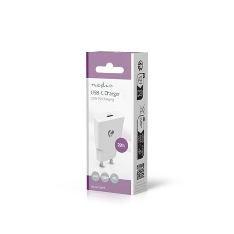 Nedis WCHAC20WT fali USB töltő, 20 W, GaN, PD3.0, 1,67 / 2,22 / 3,0 A, USB-C, automatikus feszültségválasztás