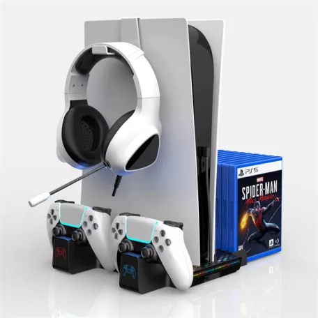 BLACKBIRD PS5 Kiegészítő Konzol hűtő Ventilátoros + Töltő állomás + Játék tartó, Fehér