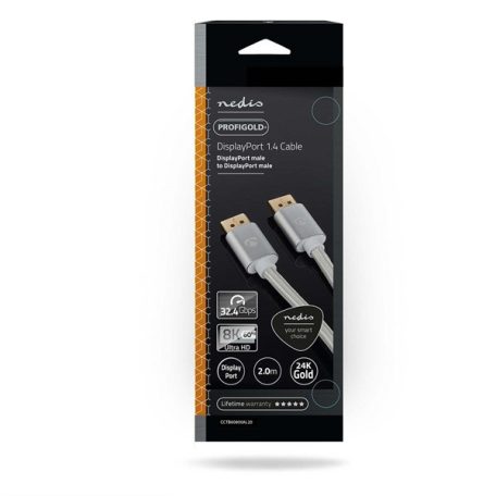 Nedis CCTB37014AL20 DisplayPort 1.4 kábel, displayport dugó - display port dugó, aranyozott csatlakozók, 8K@60Hz, 2m