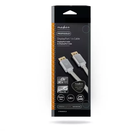 Nedis CCTB37014AL20 DisplayPort 1.4 kábel, displayport dugó - display port dugó, aranyozott csatlakozók, 8K@60Hz, 2m