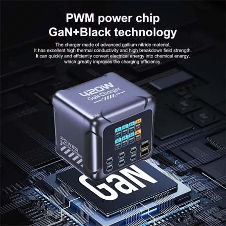 BLACKBIRD Töltőállomás GAN BK-126D 420W 2xUSB-C PD 140W + 4xUSB-C PD 100W + QC 60W Kijelzővel, Fekete