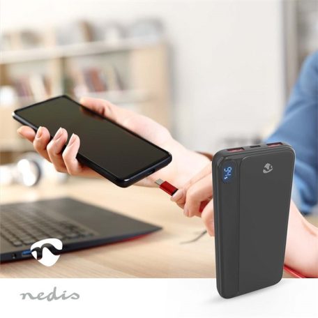 Nedis PBKPD20W125BK powerbank, hordozható külső akkumulátor, power bank 10000mAh, 1,5 / 1,67 / 2,0 / 2,22 / 3,0 A