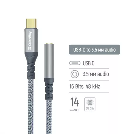 COLORWAY Adapter USB-C - 3.5 mm Female Audio, 14 cm, Szürke (CW-AD-CJ)
