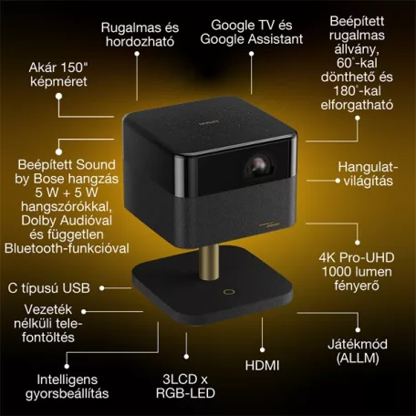 EPSON Projektor - Lifestudio Flex – EF-73 Éjfekete (3LCD, 4K Pro-UHD, 16:9, 1000 AL, 5000000:1, HDMI/USB/WiFi/Bluetooth)