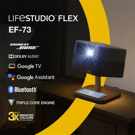 EPSON Projektor - Lifestudio Flex – EF-73 Éjfekete (3LCD, 4K Pro-UHD, 16:9, 1000 AL, 5000000:1, HDMI/USB/WiFi/Bluetooth)