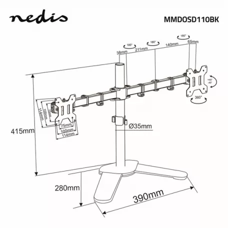 Nedis MMDOSD110BK 15"-32" asztali 2 monitor tartóállvány, VESA 75x75 / 100x100