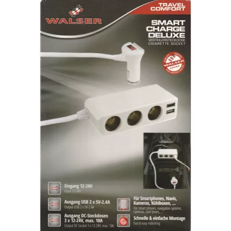 Szivargyújtó elosztó 12-24V 3 aljzat, 2xUSB aljzat Smart-IC - WALSER