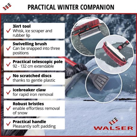 Teleszkópos hókefe jégkaparóval, vízlehúzóval 92-132 cm - piros-fekete - WALSER